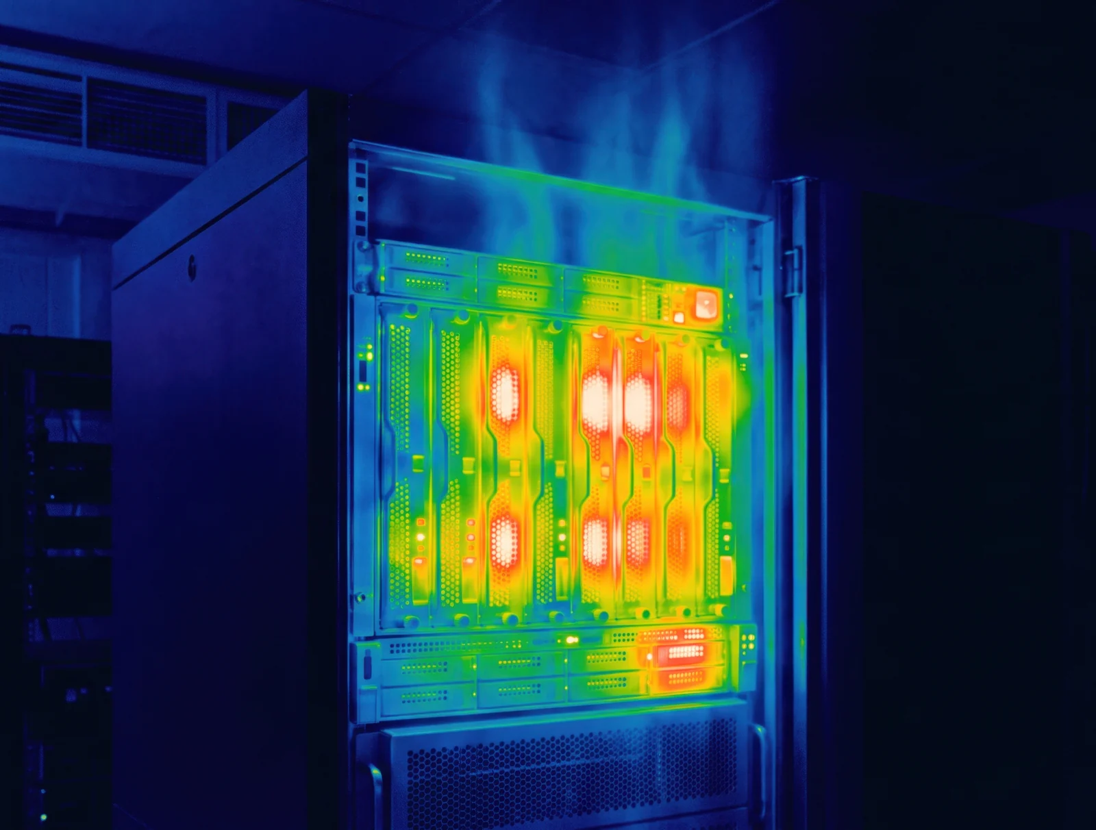 Thermal image of a data center rack, hot components glowing against cool surroundings